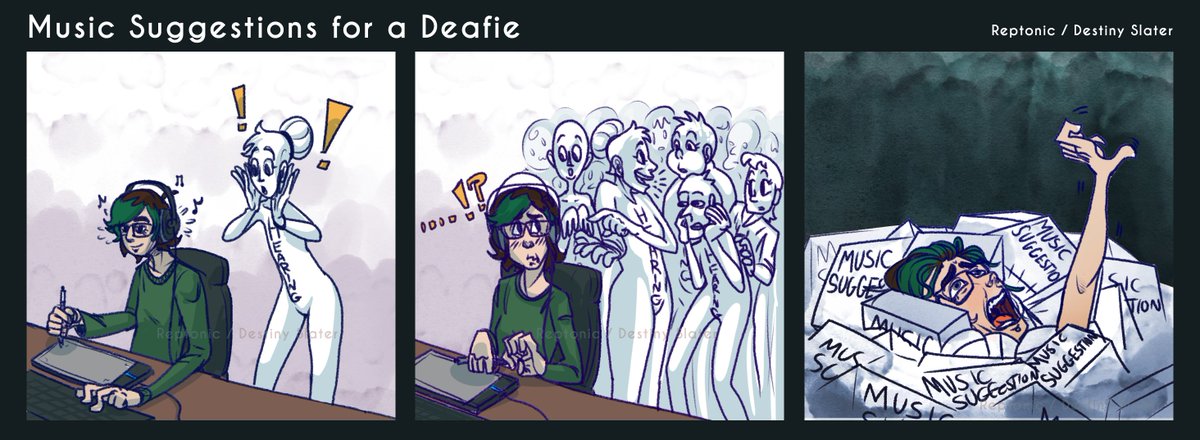Sakeozo's tweet photo. It never occured to me until recently, that once hearing people find out a Deaf person listens + enjoys music, they would go banana nut over it and spam that Deaf person with million of music suggestions. #TRUESTORY
#Deaf #DeafTalents #DeafCartoonist #DeafArtist #ActuallyDeaf https://t.co/QZtKI9qkZI