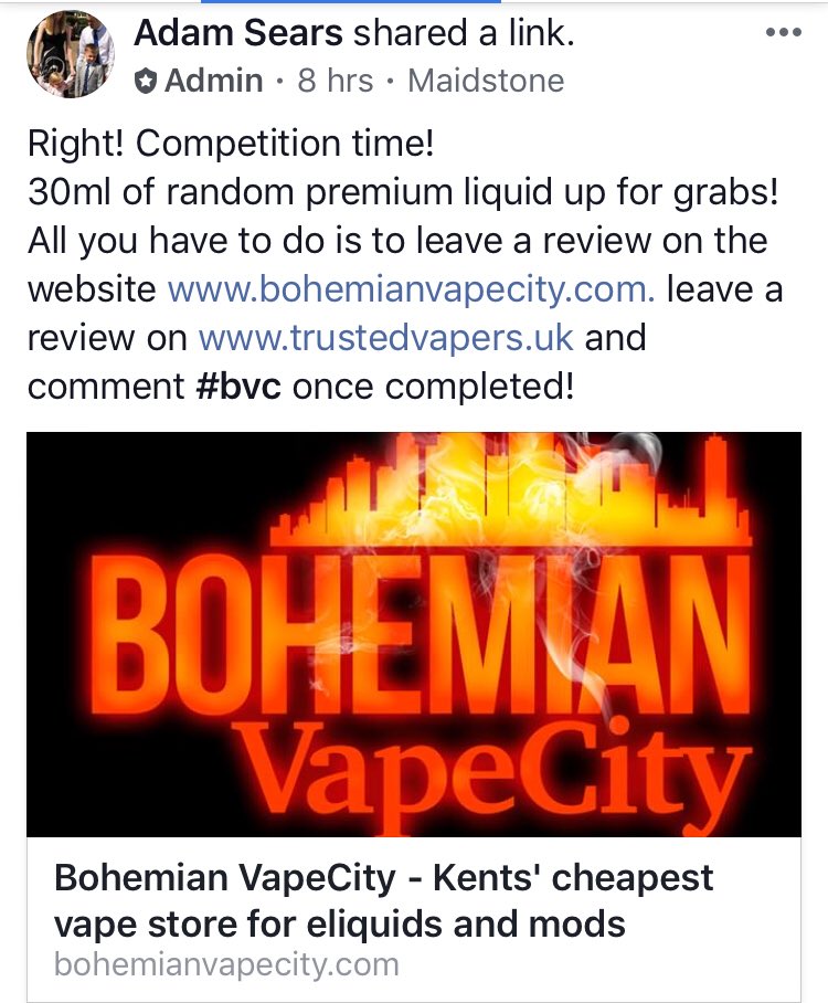 BohemianVapeCit's tweet photo. Competition over at #bohemianvapecity Facebook page. All you have to do is leave a review on the website and at trusted vapers, and you could win 30ml of premium juice!! #bvc #vapelife #vapefam #vapecommunity #freeeliquid https://t.co/jOzqkBeA3c