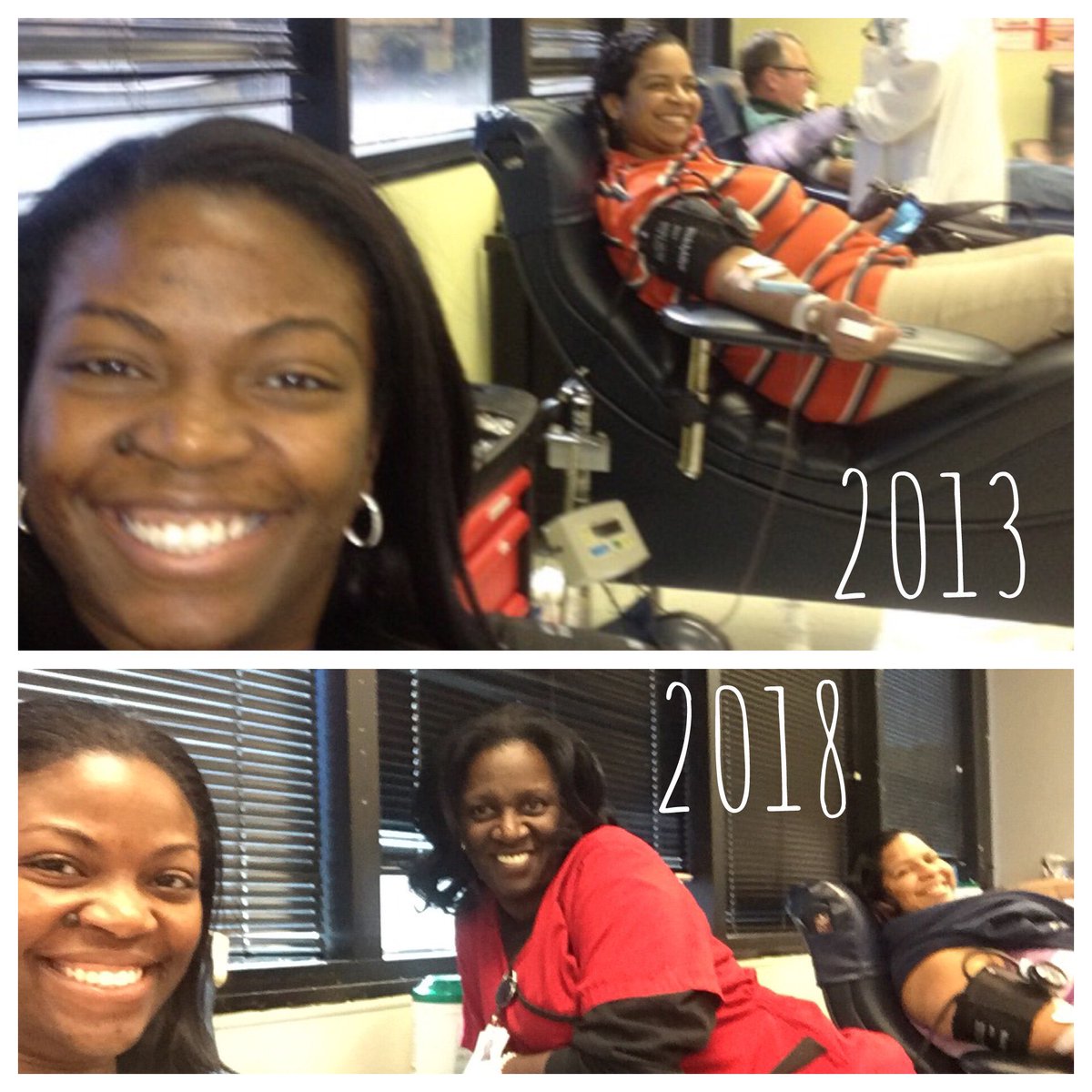 nainais's tweet photo. I didnโt realize @ladygia and I had such a long history of donating blood together! #AdultPlayDate! Black refuses to crack... I like how they know to put us in the same spot & with the same phlebotomist... https://t.co/waJ4yPmBTr