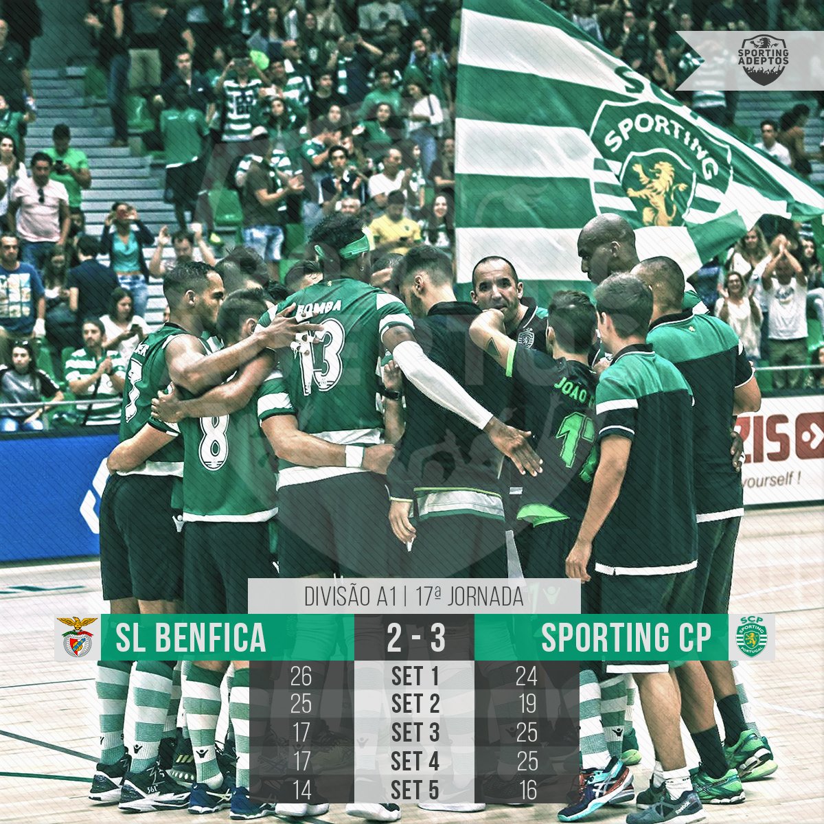 ⏱️ACABOU!!!! O @Sporting_CP vira o resultado de 2-0 para 2-3 e vence o Benfica na Luz, mantendo-se na liderança do Campeonato! #VoleibolSCP #DiaDeSporting