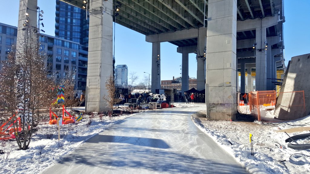 chrisjamesdrew's tweet photo. Went to the opening of #TObentway. Cold but the sun helped. In the next tweet I'll post some before pictures from 2003. Fun to use the space below a highway I've been on many times. 1/2 https://t.co/NLL84rpuHw