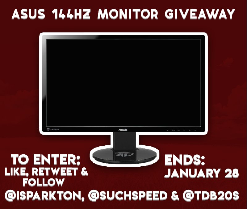 iSparkton's tweet image. Asus VG248QE 144hz Monitor Giveaway! 

How to enter:
- Follow @iSparkton, @SuchSpeed &amp;amp; @Tdb20s 
- Like &amp;amp; Retweet this tweet

Full tech specifications list: bit.ly/2m1Ok0P

Winner will be announced on January 28th!