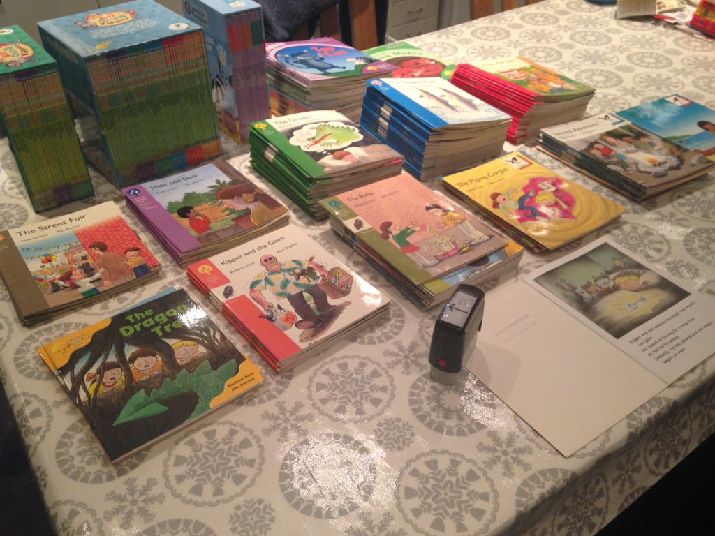 . <a href="/Cambridge_Rach/">Rachel Gooch</a> your and our ORT back catalogue being stamped ready for its forever home <a href="/sandylaneBF/">Sandy Lane School</a>! 📚👍