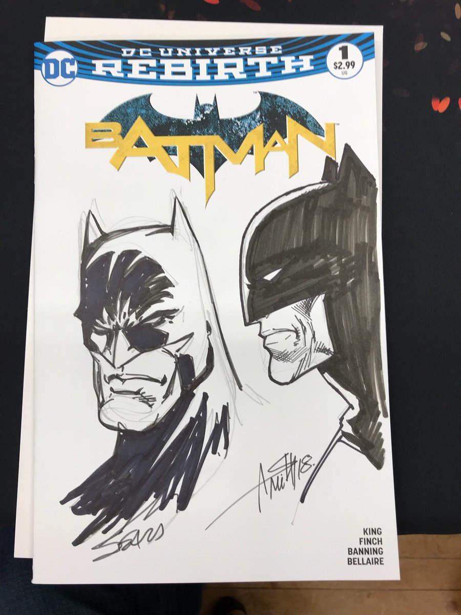 OminousPress's tweet photo. A study in drawing #Batman. @BartSears vs @andysmithart from today's show at @sleepinggiantz. It's a literal faceoff. Who drew it best? #comicbookartist #comicbook #comicbookart #DCcomics #drawingbatman https://t.co/pmb6ep9yVe