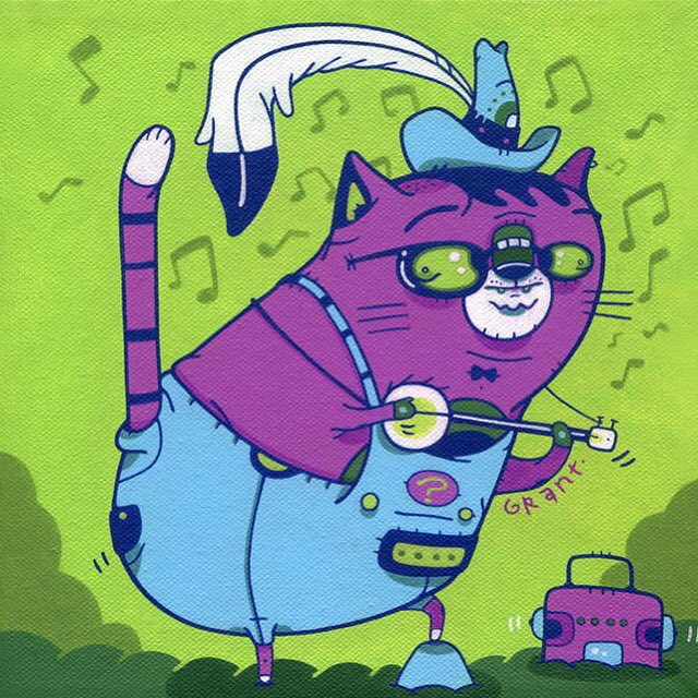 Imthegrossuncle's tweet photo. Happy Caturday! #cats #catlover #painting #acrylicpainting #cute #kawaii #thegrossuncle #lowbrowart #lowbrow #handpainted #throwback #sf #banjo #oldshit #oldwork #2007 #purple #green #boombox #featherinmycap #toots #wherewasthisartistprofileinarthistoryclass https://t.co/vNCPnk7yWW
