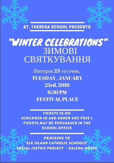 StTheresa2's tweet photo. Mark Your Calendars! The Ukrainian Bilingual Program will be performing a 'Winter Celebrations' Concert on January 23, 2018 at Festival Place. Tickets are $5.00 and all proceeds will go to support the Valeda House! #ChallengeAccepted @EICSTalks https://t.co/7ynlnq5dVh