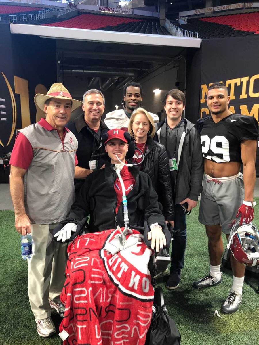 RickKarle's tweet photo. .@AlabamaFTBL #NickSaban meets @BucsFootball alum #BenAbercrombie.
See Ben's first TV interview since being injured:
https://t.co/DOllfuD1Gi
@SEC #SEC 
#BAMAvsUGA https://t.co/yHyloPFPeh