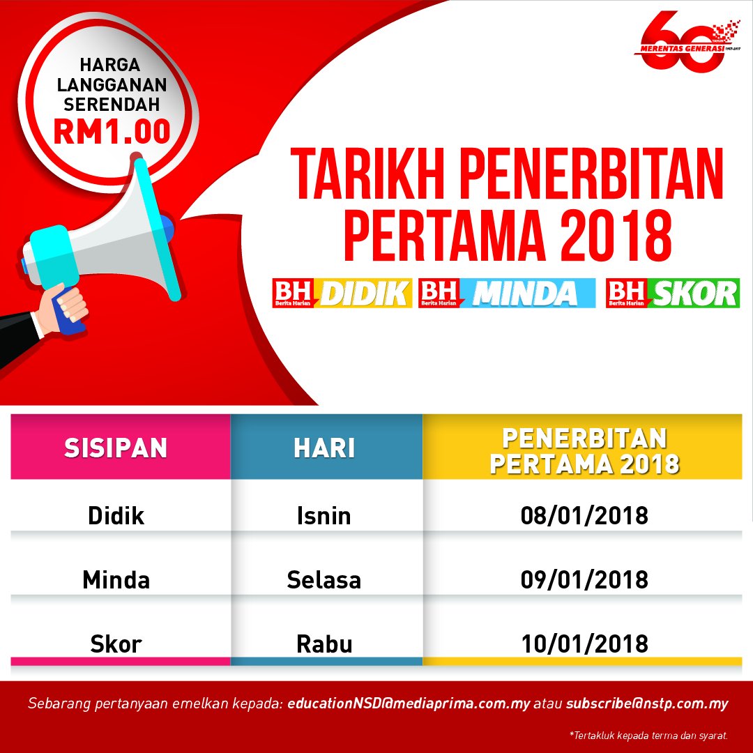 bharianmy's tweet photo. Tarikh penerbitan pertama 2018 sisipan DIDIK, MINDA dan SKOR dalam BH.
#BHPendidikan #BHDidik #BHMinda #BHSkor #BeritaHarian #BH60tahun #MerentasGenerasi #DIDIK #MINDA #SKOR https://t.co/oDUUV0iDYf