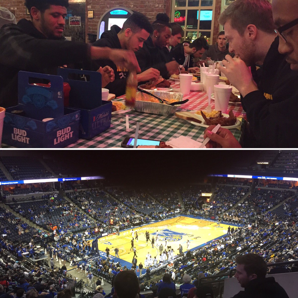 GoPetrelsMBBall's tweet photo. Picked up a good road win last night at Hendrix to move to 2-0 in conference play. Checked out the Memphis Tigers vs. Tulsa game, and now grabbing dinner at a Memphis staple: Gus's world famous fried chicken. Big game tomorrow afternoon against a tough Rhodes squad. Go Petrels! https://t.co/hZv2h6ZNk2