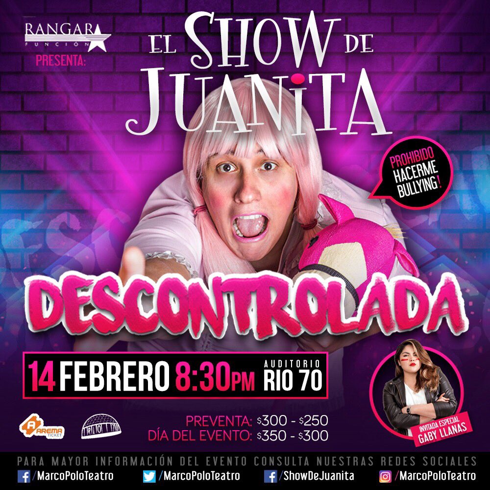 Aprovecha este Sábado 13 y Domingo 14 de Enero la preventa en taquilla para <a href="/juanita_bipolar/">Juanita Bipolar</a> el 14 de Febrero en <a href="/AuditorioRio70/">Auditorio Río 70</a> 
La taquilla estará abierta desde las 11:30 a.m. Mayor información al Tel. 8110461149.