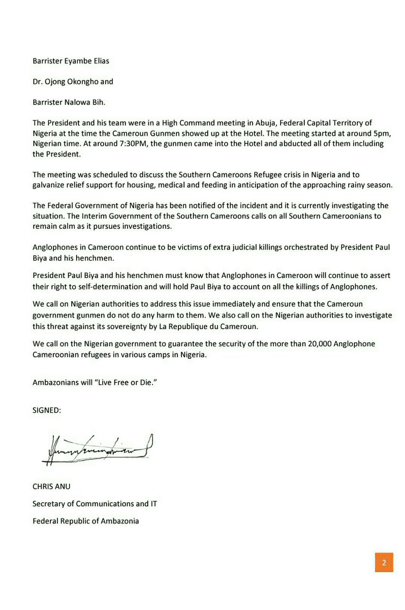 eliesmith's tweet photo. According to a press issued by the Communications secretary of Federal Republic of Ambazonia, AyukTabe along with 7 others have been abducted in Nigeria by gunmen believed to be from Cameroon https://t.co/bg9OGqVJ64