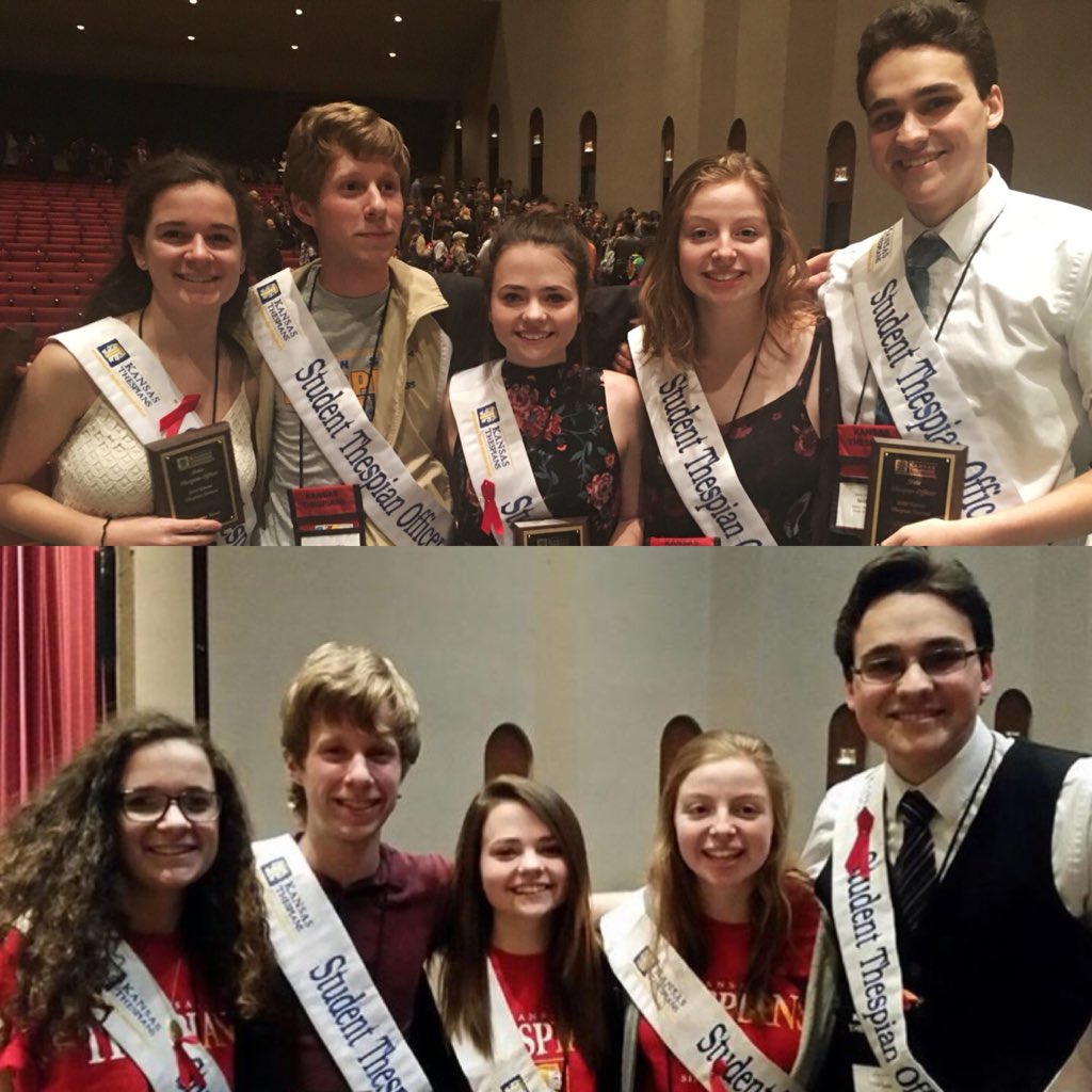 Your 2017-2018 STOs signing out! We are very excited to be passing down our sashes to Damarcus Myer, Anna Hastings, Emily Martin, Hunter Adamson. STO chair Audrey Burgoon is excited to start serving her second half of her term! #KSThesFest18 <a href="/ksthespians/">Kansas Thespians</a>