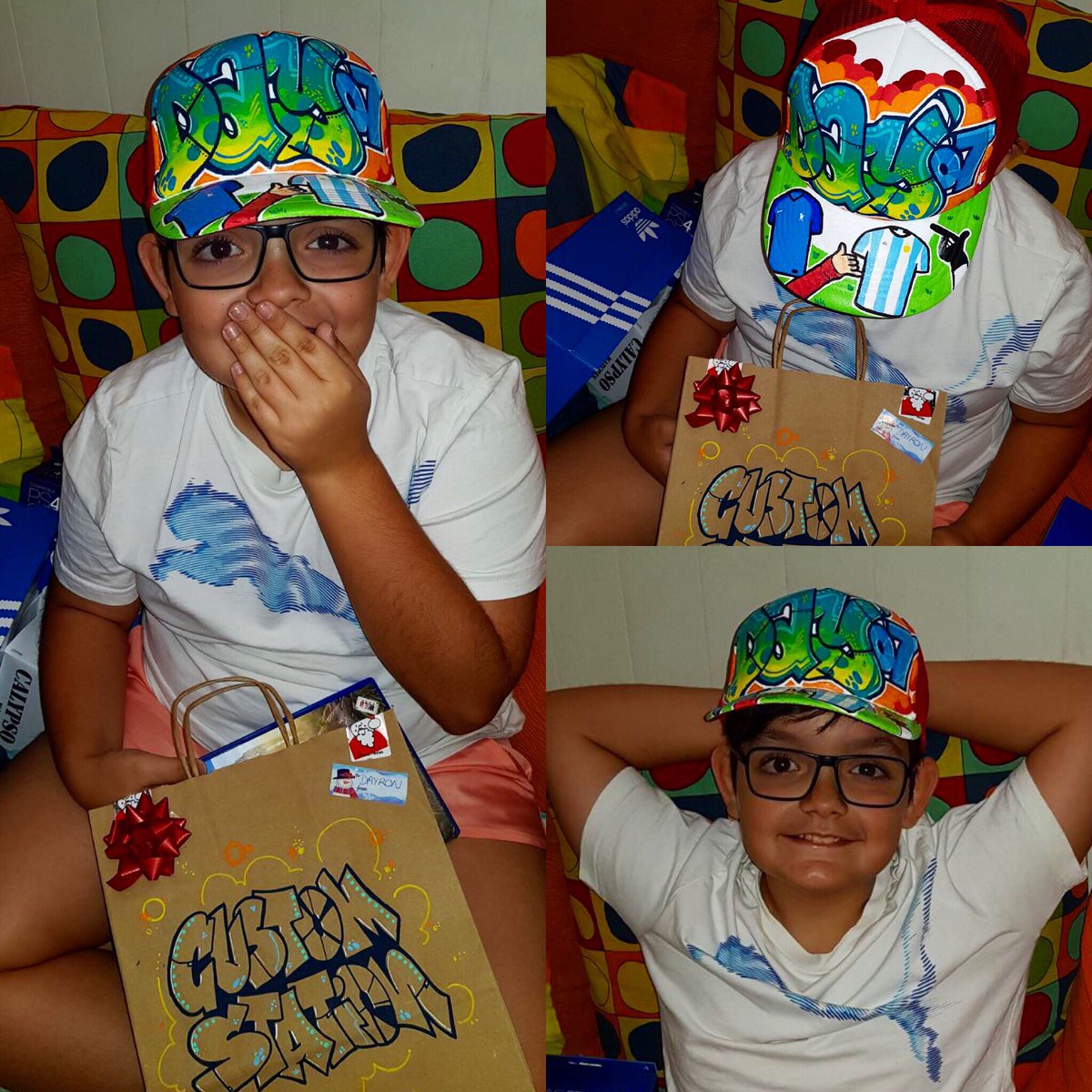 CustomStation's tweet image. Llegaron los reyes en casa de Dayron!! Que feliz estaba con su nueva gorrita Custom Station!! 😍