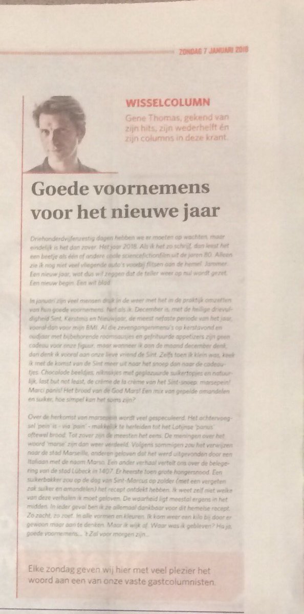 HouseOfEntert's tweet photo. De goede voornemens van @Genethomasmusic, je leest ze vandaag in @DeZondag, de krant die je gratis terugvindt bij je bakker. #GeneThomas #DeZondag https://t.co/0J5rnchGbB