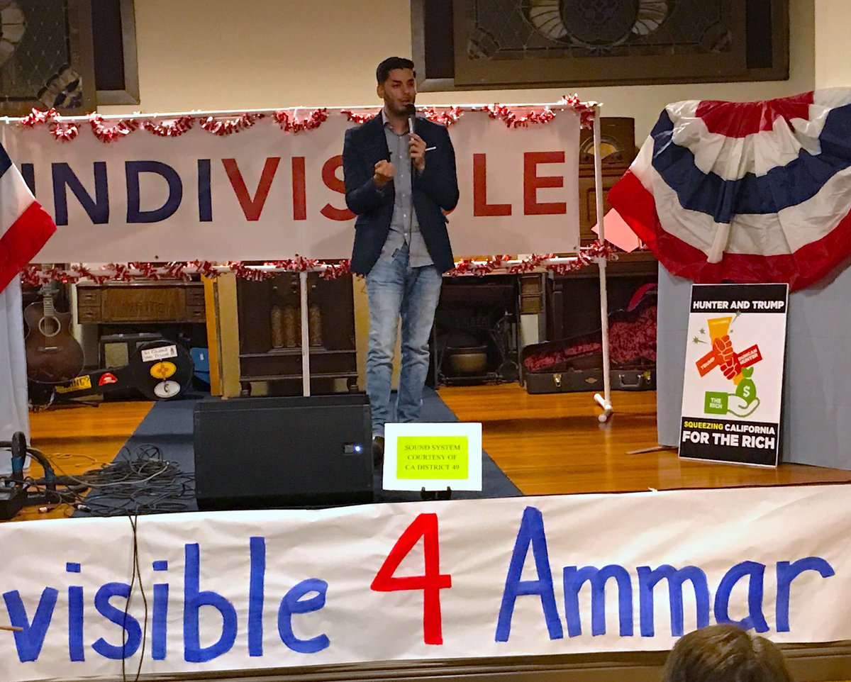 SDIndivisible's tweet photo. #Indivisible CA50 kicks off 2018 election season 🇺🇸with raucous endorsement rally for @ACampaNajjar for Congress

More than 100 citizens, many new to Indivisible, signed up 2 register voters, canvass, do GOTV and fundraise 💰

Dirty Duncan @Rep_Hunter, we will #Flipthe50th blue https://t.co/wjeq2XNjky