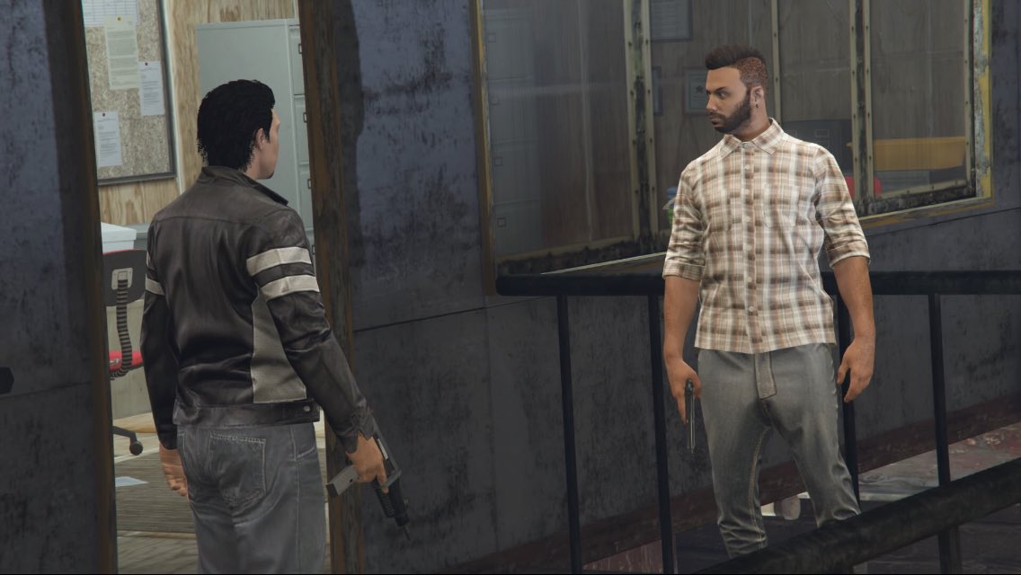 HayleyGTA's tweet photo. Across from him, stands Charles Hayley. Fellow Bolingbroke escapee. 

CH: “Trust me, it’ll last. Besides, the cops’d only check this place out if they get a tip-off. Just stay out of sight, and we’re golden. We can work outta here.”
LH: “You sure we can pull this off?” https://t.co/OpRcJx8Eoo