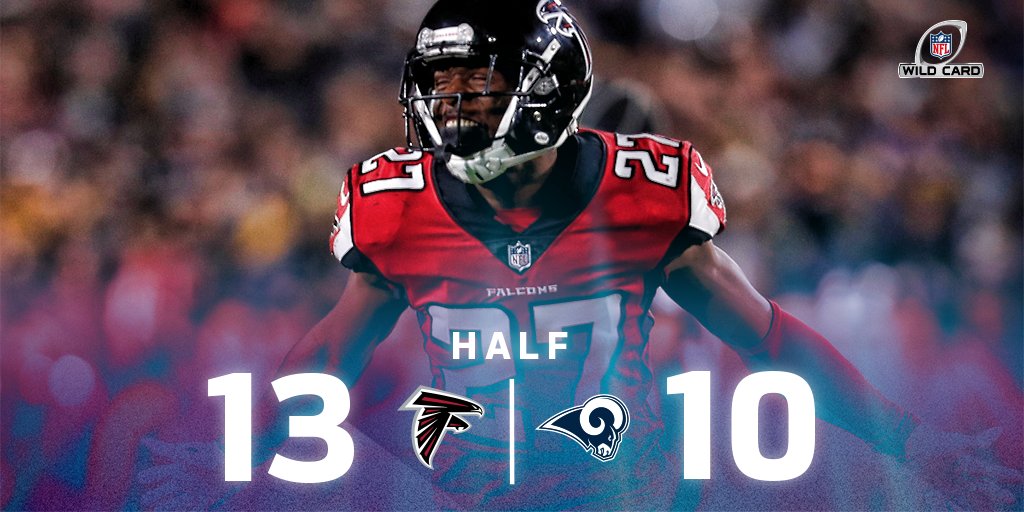 NFL's tweet image. HALFTIME:

@AtlantaFalcons: 13
@RamsNFL: 10

#ATLvsLAR #NFLPlayoffs