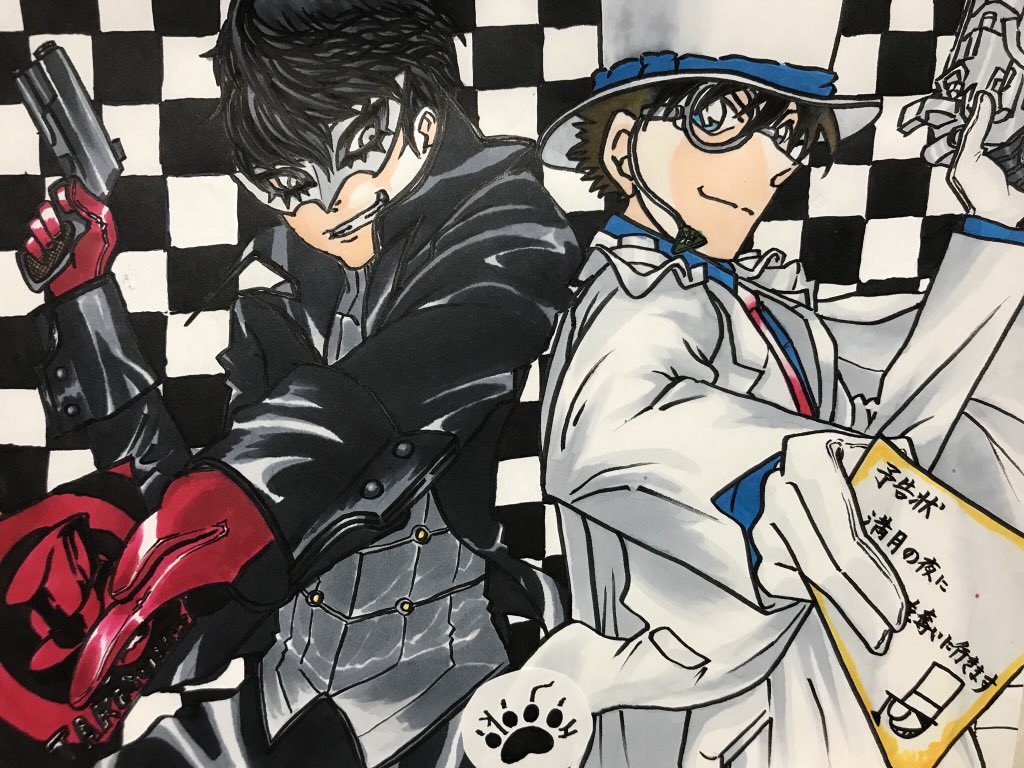 Hijiki V Twitter Joker Kid ペルソナ5 の主人公 Jokerとお馴染み 名探偵コナン の怪盗キッドのコラボ イラスト描かせて頂きました 2人とも好きな怪盗キャラです 前から描きたかったのやっと描けました ཀ コラボイラスト 名探偵コナン 怪盗