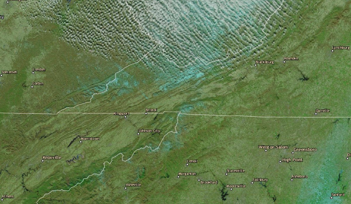 wxrjm's tweet photo. NPP False Color detecting the areas of snow well across parts of SW VA, the TN/NC mountains and eastern NC/VA. Imagery from @GeoCollaborate https://t.co/1CuZrEGf4o