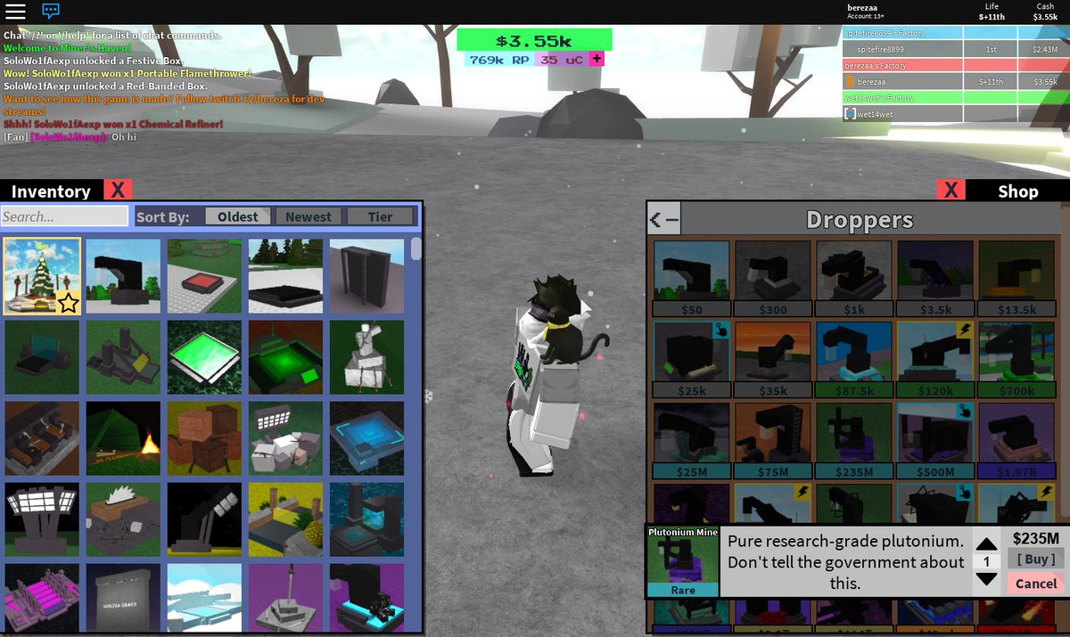 Andrew Bereza On Twitter Hey Everyone Thought I D Give You A Preview Of The New Gui I M Working On For Miner S Haven You Can Now Access Chat With Any Menu Inventory Boxes - inventory gui roblox part 2