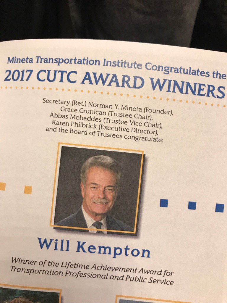 MalcolmXdough's tweet photo. Congrats to Will Kempton for lifetime achievement award from #CUTC. Former @CaltransHQ Dir. Leading off #TRBAM week. https://t.co/3Oy9o3R3J5
