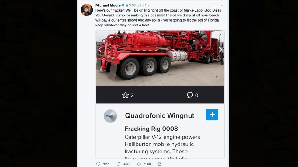 thehill's tweet photo. Michael Moore says he's going to frack off coast near Mar-a-Lago https://t.co/xSaIjsb5lY https://t.co/rtKvyj6OzR