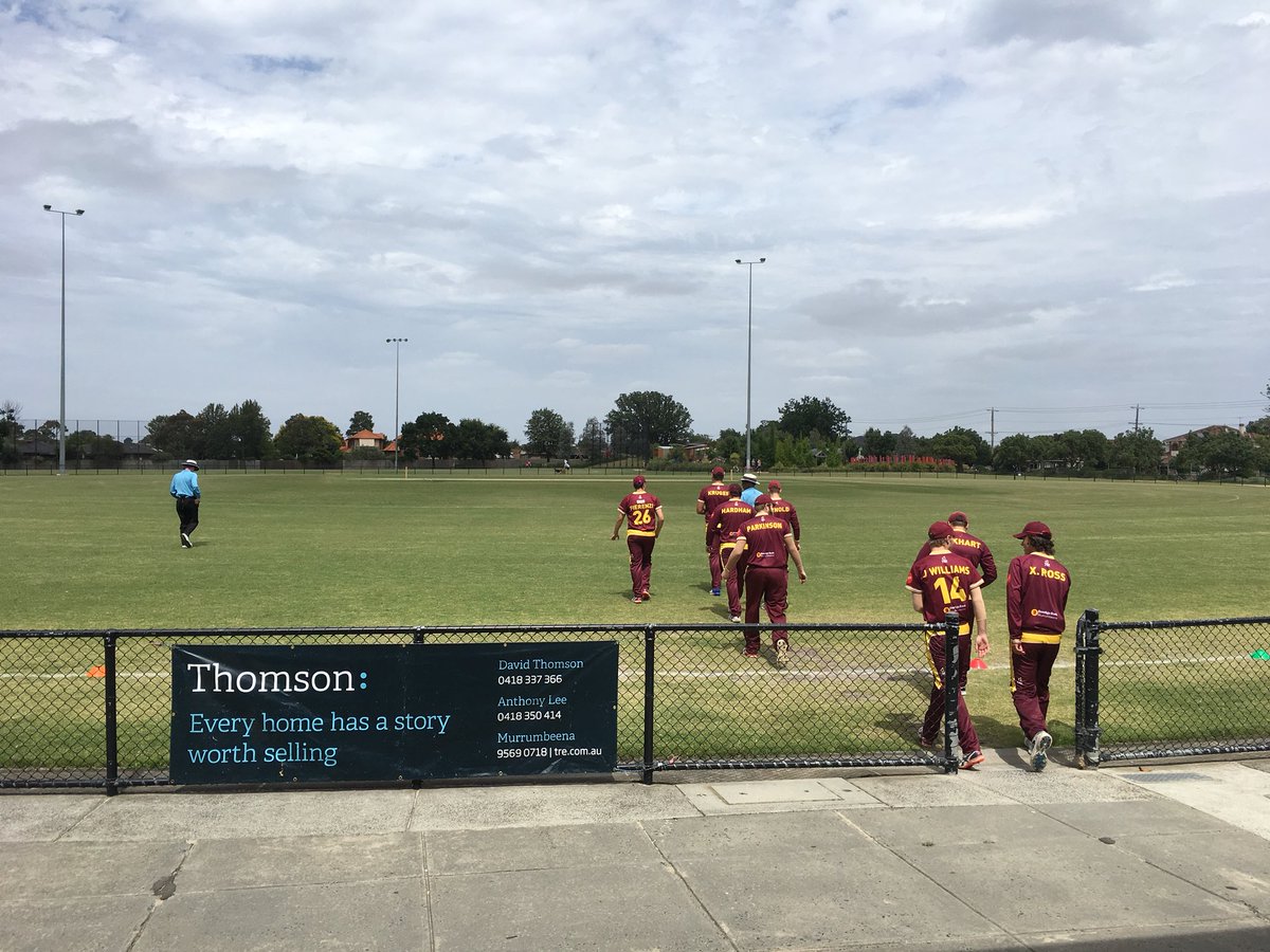 Brad leading the boys out to bowl first against Mentone in a T20 against Mentone CC