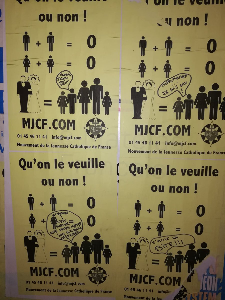 ArthurDBB's tweet photo. Sur le chemin d'une de mes livraisons je croise ces affiches, me disant que les gens qui ont posés ces affiches se sont trompés d'époque, j'ai voulu les arracher, mais quelqu'un d'autre a eu une bien meilleure idée, dédicace à toi parfait inconnu! #lgbt #mariagepourtous # https://t.co/IHyEnC2QPN