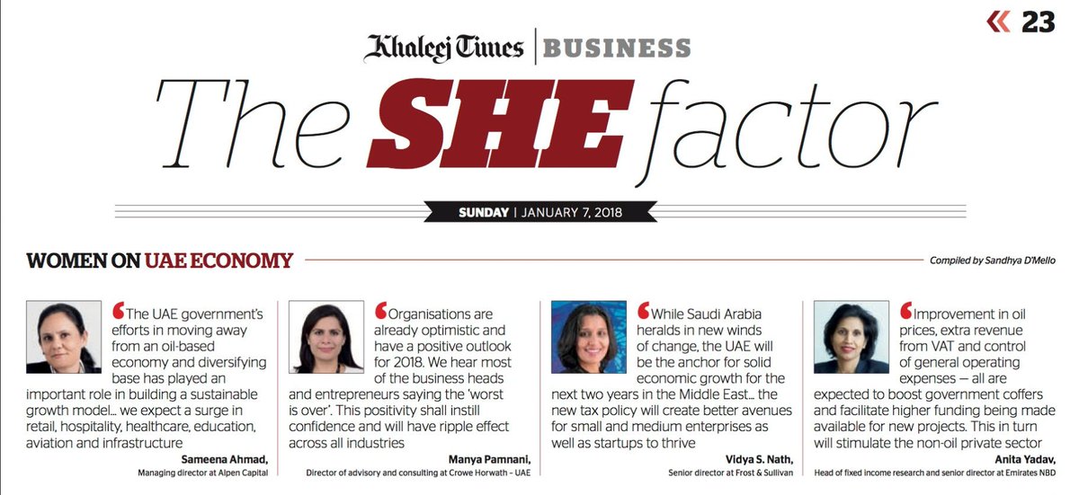 CroweUAE's tweet photo. Our Director of Advisory, Manya Pamnani features on 'the She Factor' #Women on #UAE Economy. UAE has a positive outlook as #leaders and entrepreneurs remain positive for 2018 economy. #CroweLadies @khaleejtimes https://t.co/BYE1YUD6Zp