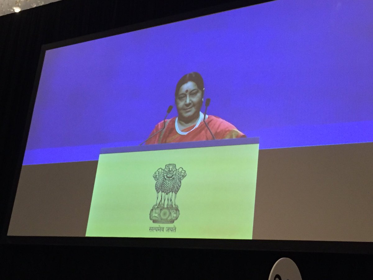 ahemrajani's tweet photo. @SushmaSwaraj Minister of External Affairs, India delivering her much awaited speech about India’s role in ASEAN &amp; the world at the #PBD2018SG Gala Dinner. Loved the way @JawedAshraf5 welcomed her by calling her ‘My Minister’ @IndiainSingapor https://t.co/V08y5YeX84