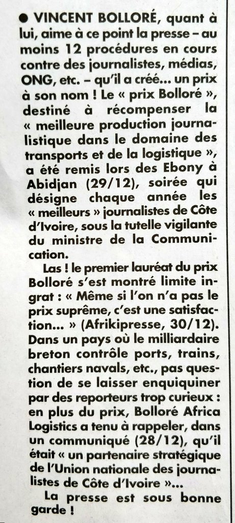 ⚡INFO -Si en France, Vincent #Bolloré attaque en justice des journalistes pour un reportage diffusé sur France 2 (Prix Albert-Londres). En Côte d'Ivoire, il existe un "prix Bolloré" du meilleur journaliste...(Canard E.) 📹 L'enquête de <a href="/tristanwaleckx/">Tristan Waleckx</a>. youtu.be/xrdOdBP-EDw