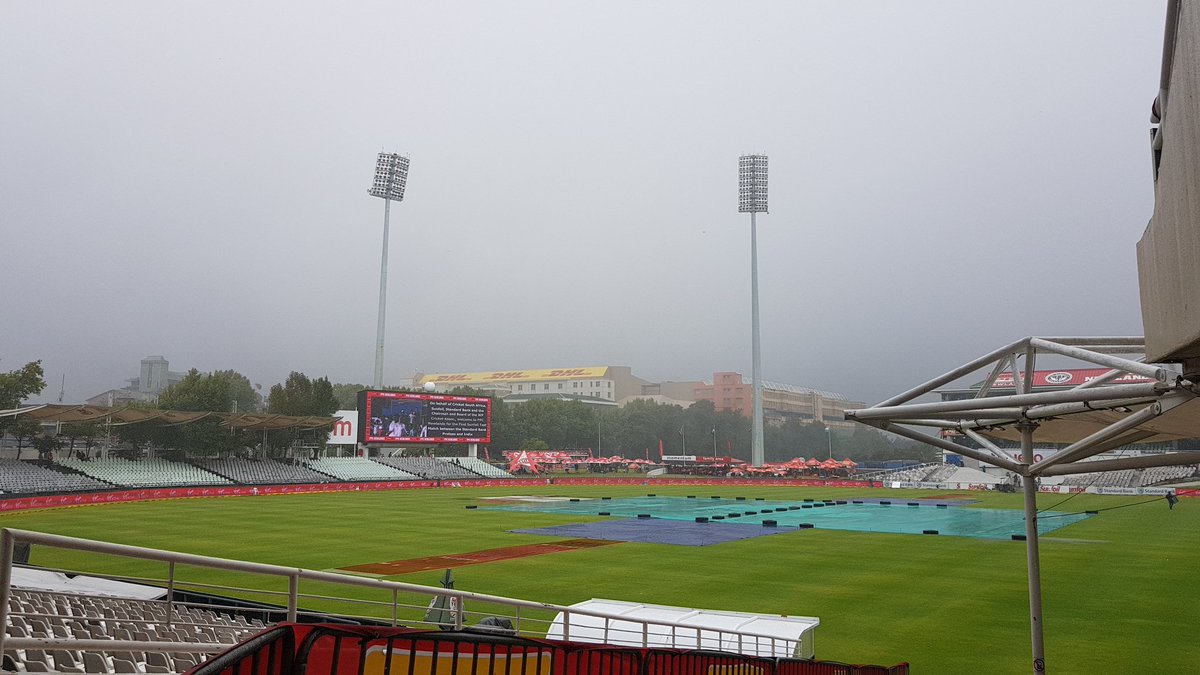 BCCI's tweet photo. Under covers at the moment is Newlands. Raining down here heavily! Expected delay in start #SAvIND https://t.co/Q23Pz4h32g