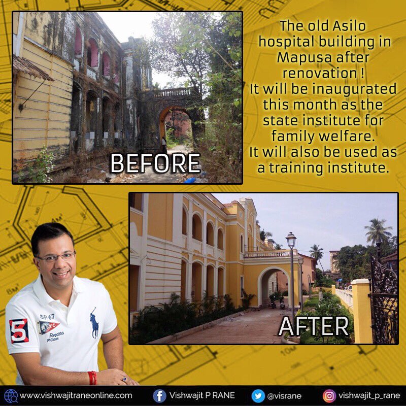 visrane's tweet photo. The old Asilo hospital building in Mapusa after renovation! It will be inaugurated this month as the state institute for family welfare. It will also be used as a training institute. Working towards a progressive #Goa https://t.co/yd53pLunfR