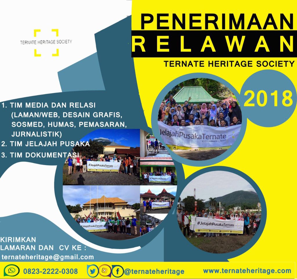 TernateHeritage's tweet photo. Mari bergabung bersama kami sebagai #RelawanPelestariPusaka ; kirim Lamaran &amp; CV paling lambat 20 Jan 2018 ke: ternateheritage@gmail.com #SaveTernateHeritage https://t.co/xeS1BlSgUH