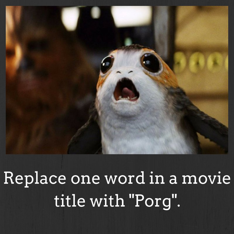 STACKmag's tweet photo. Replace one word in a movie title with "Porg".
The Silence of the Porgs.
#Porgs #LastJedi #TheLastJedi #Porg #Porgs #STACKmag #STACKfun https://t.co/tfaQOTqL1b