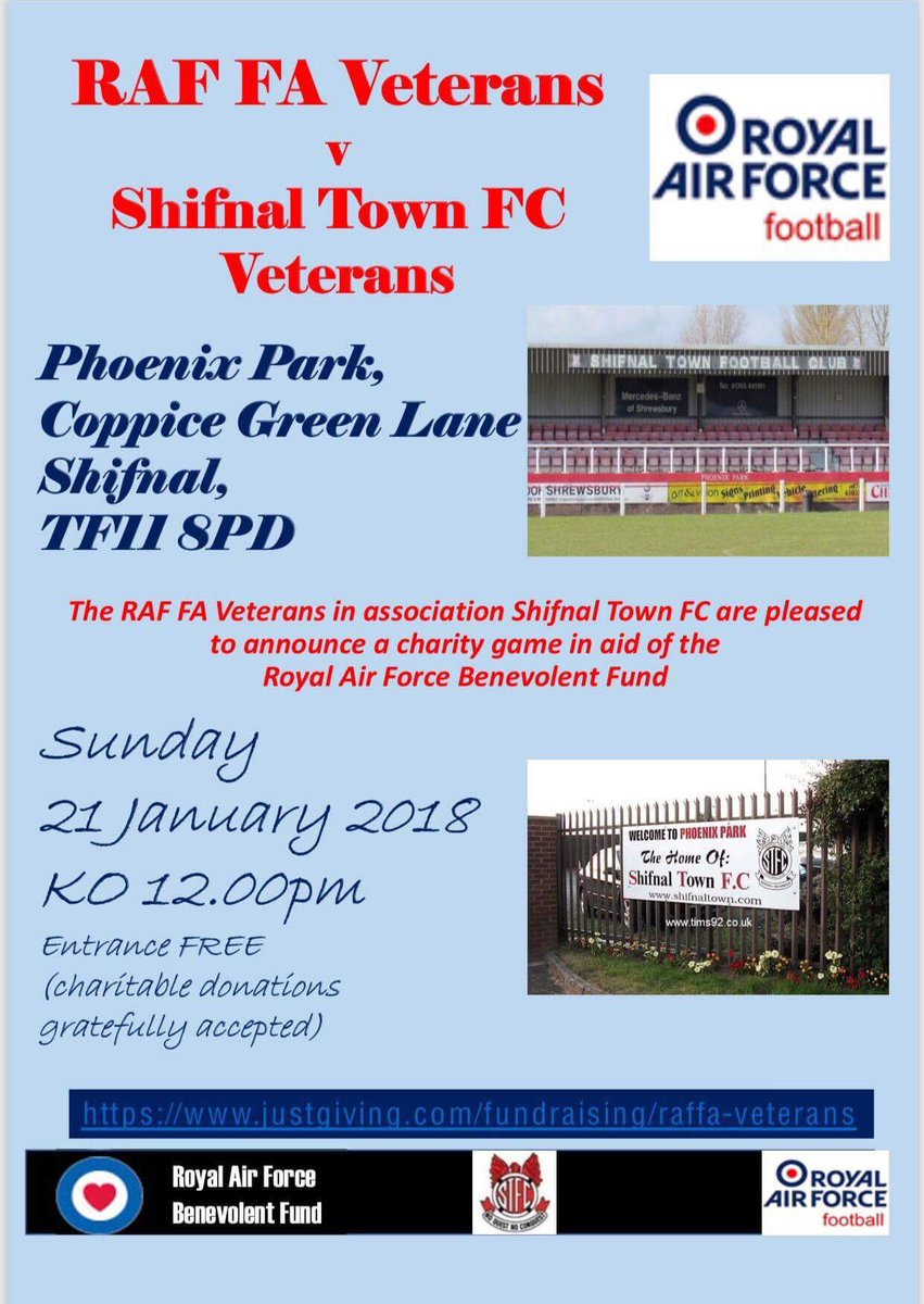 We kick off the new year, and run up to the inter services, with a game <a href="/shifnaltownfc/">Shifnaltownfans</a> <a href="/Shifnal_townFC/">Shifnal Town FC</a> veterans. We greatly appreciate all support in the <a href="/RoyalAirForce/">Royal Air Force</a> centenary year as we continue our fundraising for <a href="/RAFBF/">RAF Benevolent Fund</a> #perardua
