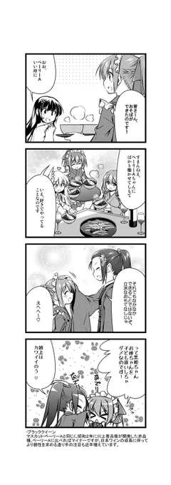 ワイン擬人化漫画「ワインガールズ」18話6本目です。  ブラッククイーンは昭和2年にベーリーAと同時に発表されましたが、研究段階での番号がベーリーAは「3986」、ブラッククイーンは「4131」だったので、ベーリーAがお姉ちゃんになっています。  #擬人化 #ワイン #4コマ漫画 #web漫画 #百合