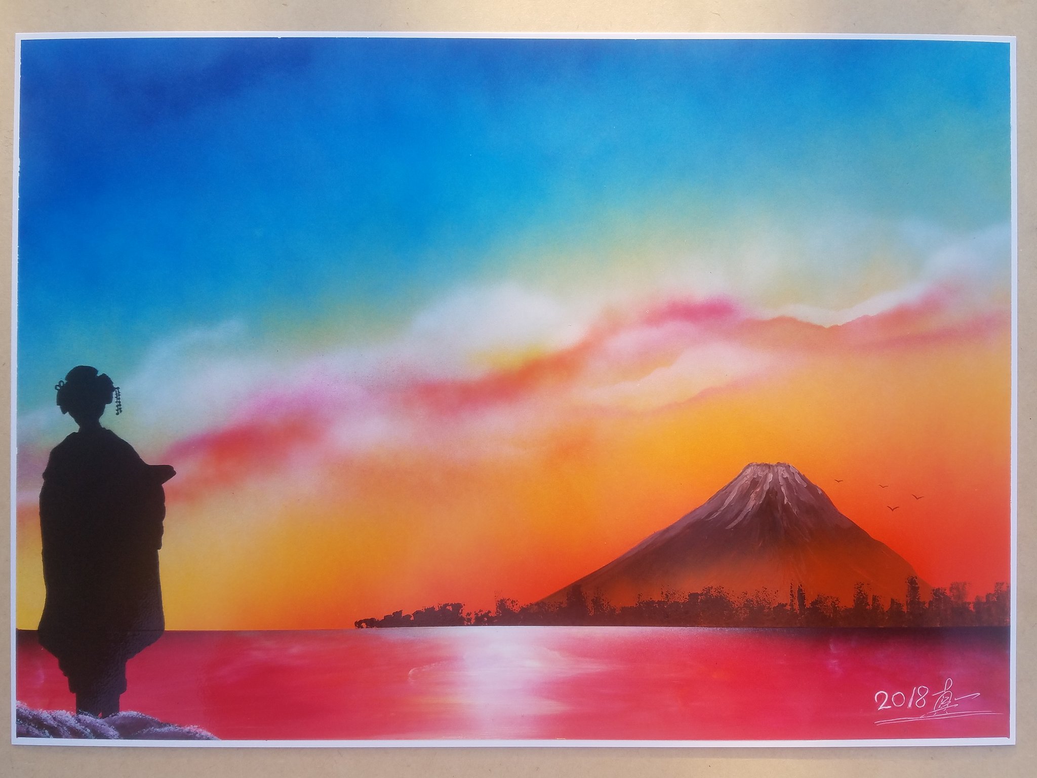 絵画 【夕焼けの富士山】