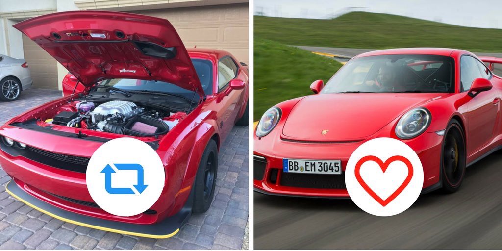 Carfluence's tweet photo. RT - Dodge Challenger 
Like - Porsche 911 GT3? https://t.co/H3N4FYcI6W