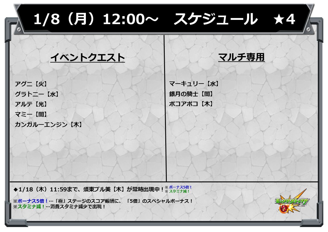 モンスターストライク公式 モンスト イベントスケジュール 明日 1 8 の12時 正午 から 以下の 4クエストが出現スタート モンスト