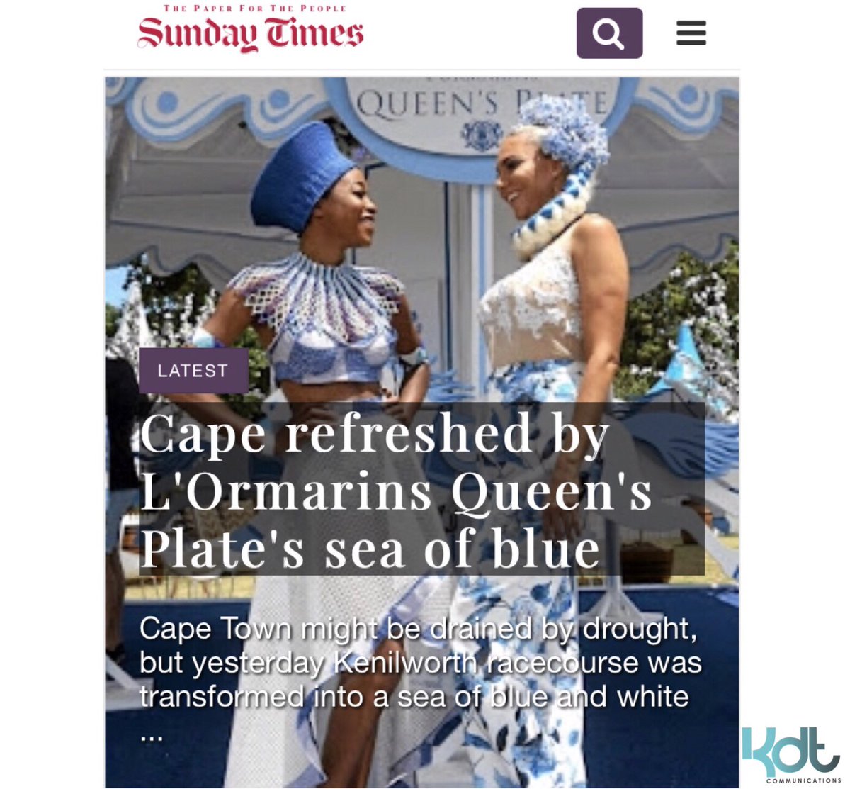 KDTAgencyZA's tweet photo. The lovely @liezelonline, stuns in blue and white at the 2018 @LQPCT. Spotted in today’s @SundayTimesZA and online. Go grab a copy! 
- - - - -
#Client #LiezelVanDerWesthuizen #LQPCT #CapeTown #Event #Racing #Fashion #PR #PRSouthAfrica #KDTcomms https://t.co/mj32WMaX9T