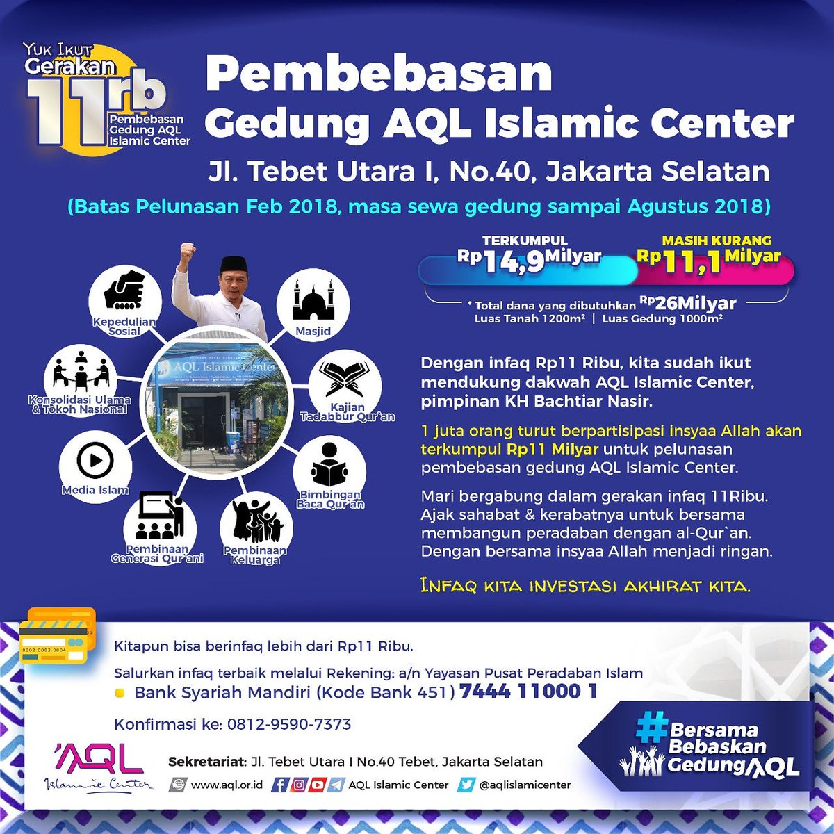 AQLIslamiCenter's tweet photo. #BersamaBebaskanGedung AQL
Bergabunglah dalam gerakan sejuta insan berinfaq Rp. 11.000
untuk pembebasan AQL Islamic Center Februari 2018.
Tag minimal ke 10 teman kamu, ajak untuk bersama meraih kebaikan.
JazakumuLlah Khairan Katsiran https://t.co/sPjWTFnwZH
