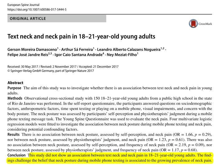 PhysioMeScience's tweet photo. NO association between text neck and neck pain in 18–21-year-old young adults: The findings challenge the belief that neck posture during mobile phone texting is associated to the growing prevalence of neck pain!!!👇👇👇🙏
https://t.co/G17wdkmRig https://t.co/bWH8Wen1xp