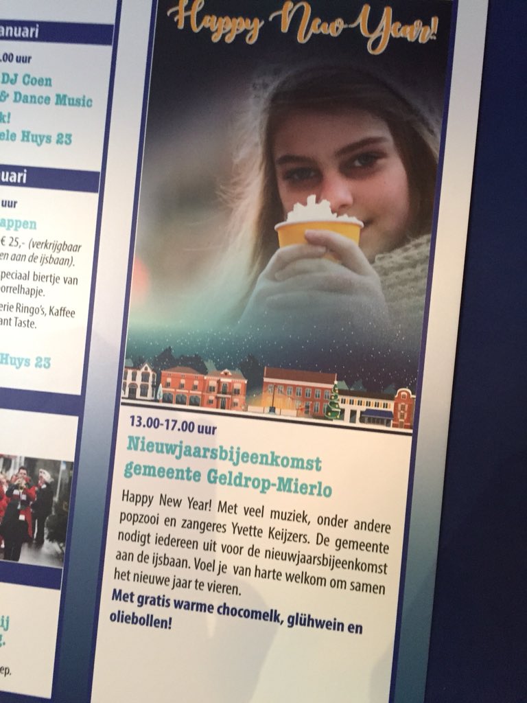 WGeldrop's tweet photo. Om 13.00 u ontvangt Wintersfeer de gemeente Geldrop-Mierlo. Die organiseert  hier haar nieuwjaarsbijeenkomst met Popzooi, Venice, Yvette Keijzers, XambaH en Echoes of Industries, gratis koffie, thee, chocomelk, glühwein en heerlijke oliebollen. Het weer is prima. Tot zo! https://t.co/SYtraBSSCB