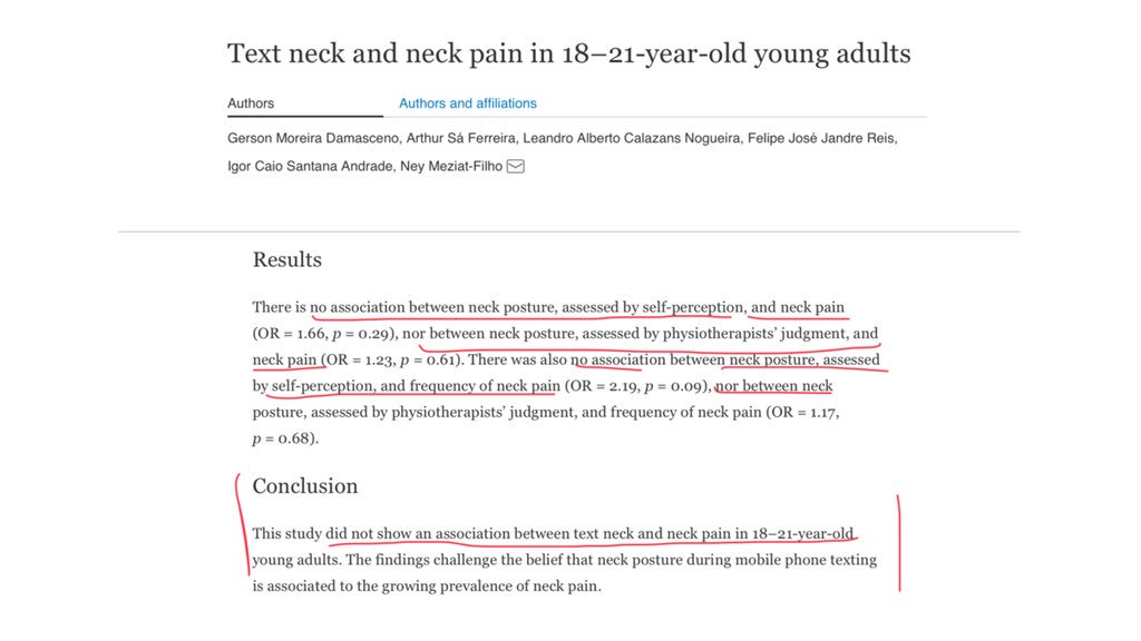 New study shows no relationship between neck posture and pain in 18-21 year old adults. “Text Neck” is not a thing can we stop saying it is? link.springer.com/article/10.100…