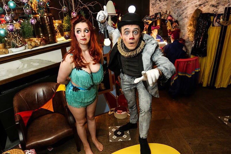 NotMyCircusUK's tweet photo. The divine @hivaleriesavage and @kikilovechild clowning around backstage at the circus. #cirquedsoho @100WardourSt https://t.co/u5rseLbieX https://t.co/4rIVOanNby