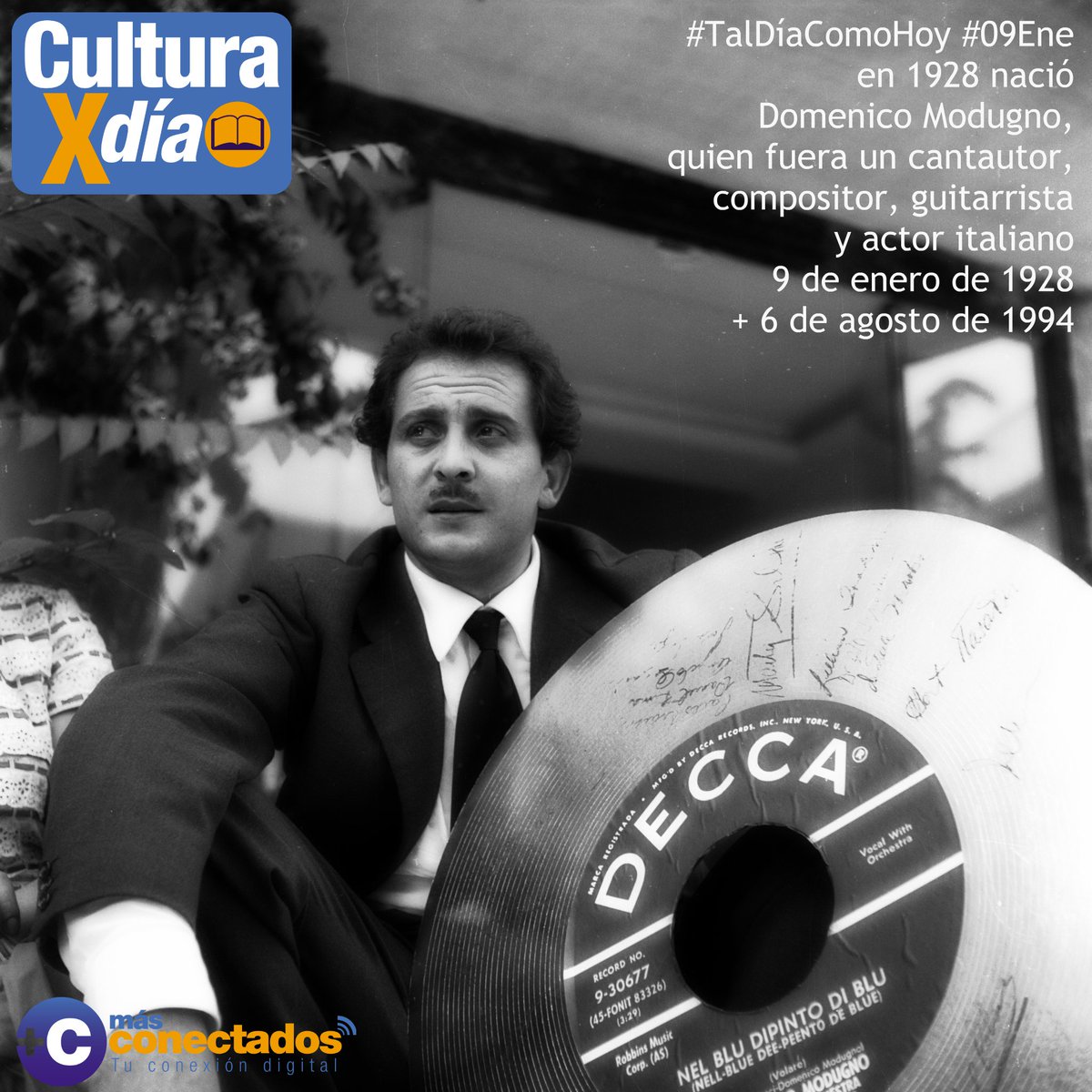 culturaxdia's tweet image. #TalDíaComoHoy #09Ene en 1928 nació Domenico Modugno, quien fuera un cantautor, compositor, guitarrista y actor italiano, conocido principalmente por su tema “Nel blu dipinto di blu”, más conocido como “Volare”, un éxito comercial a nivel internacional.