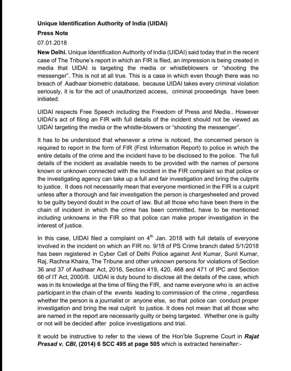 rahulkanwal's tweet photo. By the logic of this release investigative agencies should file cases against all journalists who do an expose. Sham defence. @UIDAI should withdraw FIR against journalist who broke #AadharLeaks Agency has track record of intimidating whistleblowers. Can’t browbeat civil society. https://t.co/FIUOtvsR9D