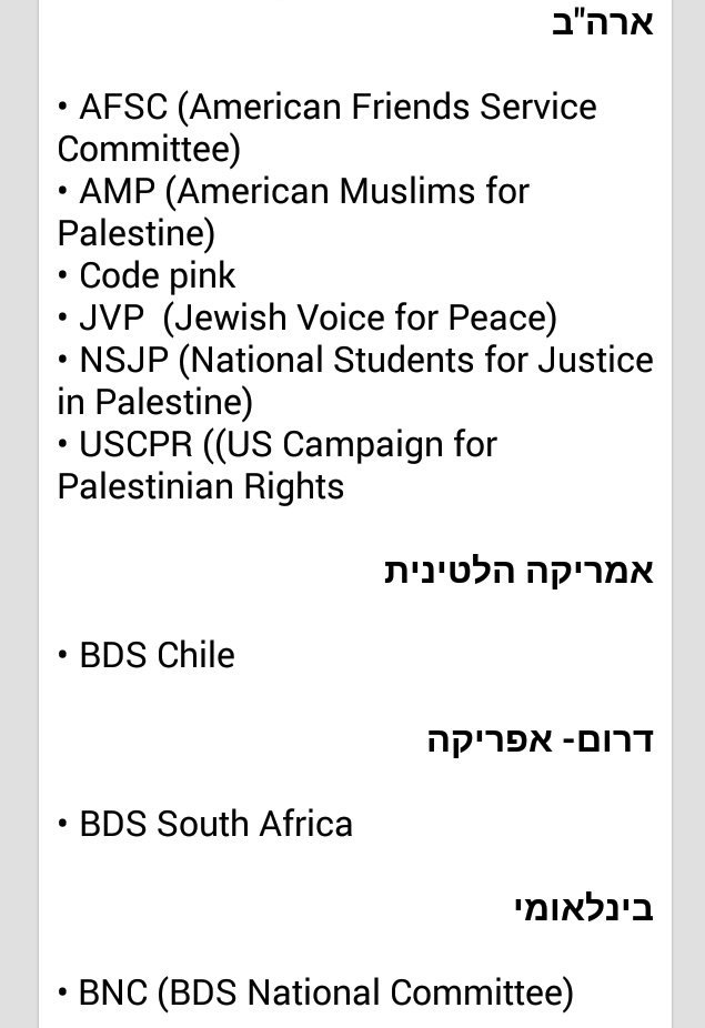 LahavHarkov's tweet photo. These are the #BDS organizations whose members will be banned from entering #Israel, @giladerdan1 announced today. "We're going from the defense to offense. Boycott orgs should know that Israel will act against them and won't let them into our territory to hurt our citizens." https://t.co/mYrbwipCS3