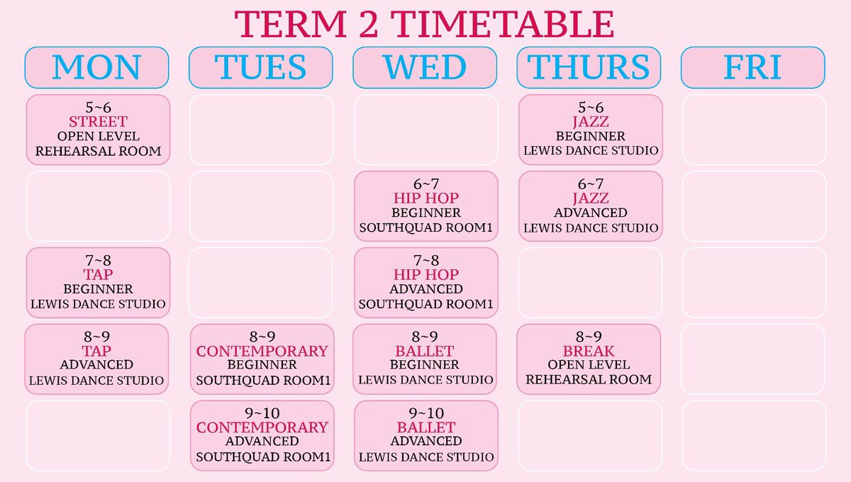 In case people still use twitter... here is our new term 2 timetable! Classes start tomorrow 😊 see you all soon xx